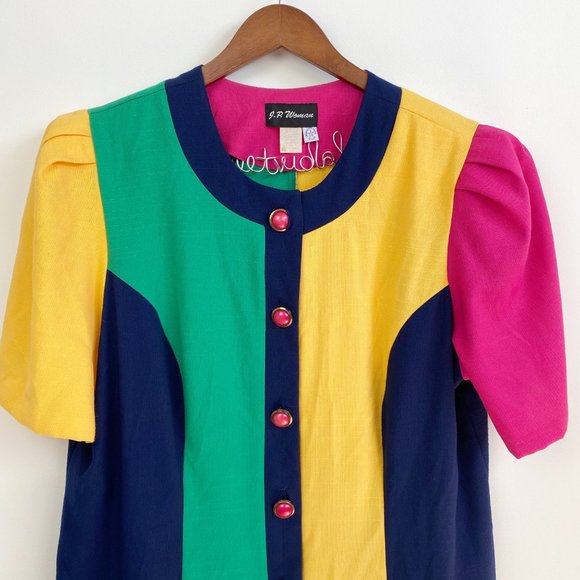 vintage color block button-up midi shift dress - Picture 2 of 7